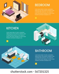 Interior Banners Horizontal Set Basic Room of Home Bathroom, Kitchen and Bedroom with Furniture Isometric View. Vector illustration