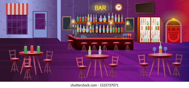 Interior of bar with lamps, tables with chairs, shelves with alcohol bottles, tv,  fridges and jukebox. Vector cartoon illustration