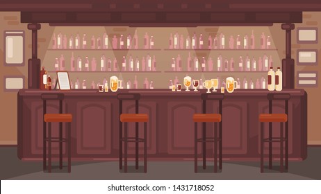 The Interior Of The Bar. Pub With Alcoholic Drinks. No People. Retro Wooden Table. Retro Style Background. Brown Wooden Bar. 