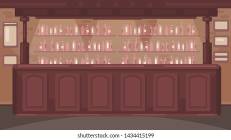 The interior of the bar. Pub with alcoholic drinks. No people. Retro wooden table. Retro style background. Brown wooden bar. Bar table. 
