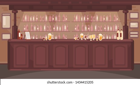 The Interior Of The Bar. Pub With Alcoholic Drinks. No People. Retro Wooden Table. Retro Style Background. Brown Wooden Bar. Bar Table. 