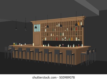 Interior of  bar restaurant in flat style. Vector perspective view of interior with bar table, stools and shelves with alcohol.