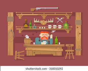 Interior of the bar. Stern man and alcohol beer, tavern or pub, flat vector illustration