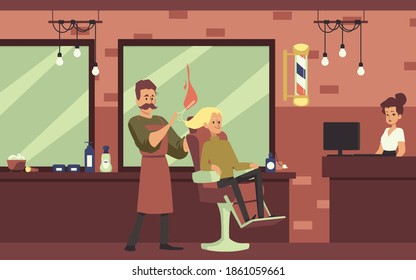 Interior of barber shop or hair care salon with reception desk, hairdresser with flaming scissors and client is blond sitting in chair. Flat cartoon vector illustration