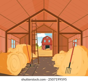 Interior barn with haystacks. Livestock feed storage. Wooden village building. Straw rolls. Dry wheat stalks in bundles. Rural house. Hay heaps with hayfork. Agriculture