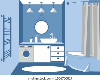 The interior of the bathroom, in blue color. Design. In minimalist style. Cartoon flat vector illustration