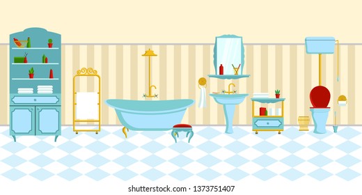 Interior bathroom in classical style. A complete set of furniture and decorations for the bathroom. Vector flat illustration.