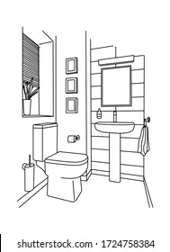 The interior of the bathroom is equipped with a sink, mirror, toilet and decoration. Flat sketch.