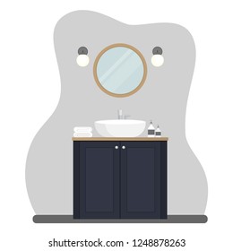 Interior of the bathroom with furniture. Flat cartoon style. Vector illustration