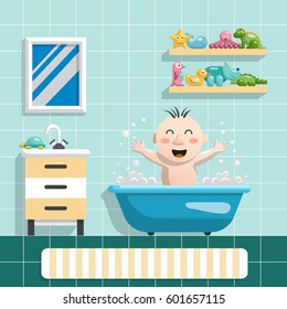 The interior of the bathroom and happy child who bathes with his toys for a swim, a flat vector illustration in cartoon style.