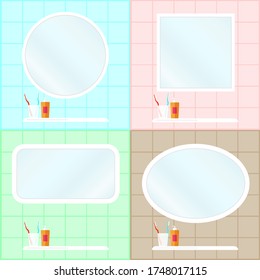 El interior del cuarto de baño El interior del cuarto de baño con espejo. lavabo, accesorios de baño en un fondo de azulejos. Vector, ilustración de dibujos animados de un espejo de baño. Vector.