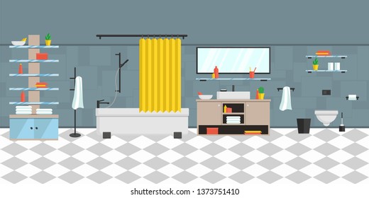 Interior bathroom in modern style. A complete set of furniture and decorations for the bathroom. Vector flat illustration.