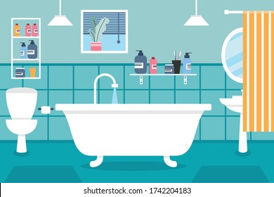 Interior of the bathroom with shower, bathtub, shelves, mirror, curtain, washing gel shampoo, toilet and sink. Vector flat illustration.