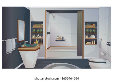 The interior of the bathroom. Shower, sink, bidet.