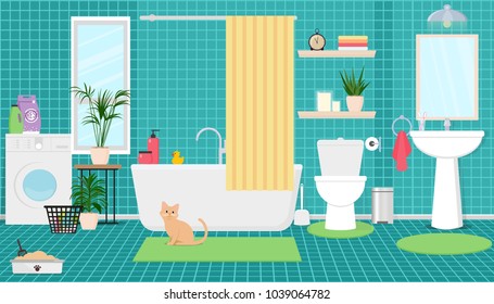 Interior of the bathroom with shower, washing machine, toilet and sink. Vector flat illustration.