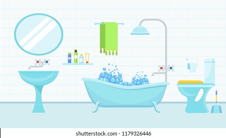 Interior Of A Bathroom With A Toilet And Accessories For Washing And Taking A Shower. Flat Cartoon Illustration. Objects Isolated On Background.