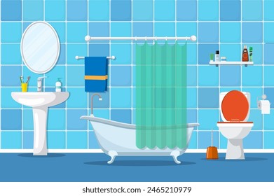 Interior of a bathroom with a toilet and accessories for washing and taking a shower. Vector illustration in flat style