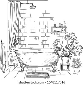 Interior Of A Bathroom, Vector Sketch