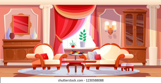 Interior of beautiful, luxurious living room with furniture and items of expensive interior. Furniture in an expensive luxury style, relax in bright cozy lounge room. Illustration in cartoon style.