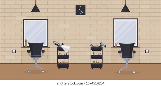 The interior of the beauty salon in the loft style.An empty, cozy barbershop with a brick wall, mirrors, trolleys with hair dryers, hair straighteners.Workplace of the hairdresser. Vector illustration