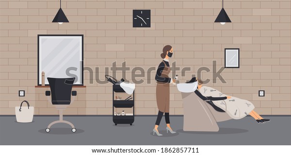 Interior of beauty salon in loft style. Barber in protective medical mask during epidemic of virus wash head of client in cozy barbershop with brick wall, hair dryers. Workplace of hairdresser. Vector.