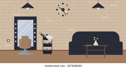 Interior de salón de belleza en estilo loft.Barbería vacía y acogedora con paredes de ladrillo, espejos, carritos con secador de pelo, alisadores de pelo, sofá.Lugar de trabajo de peluquería. Ilustración del vector