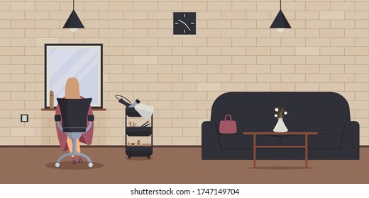 Interior Of Beauty Salon In Loft Style.Woman Sit In Chair And Wait For  Barber In Cozy Barbershop With Brick Wall,mirror,trolley With Hair Dryers,hair Straighteners.Workplace Of The Hairdresser.Vector