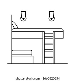 Interior with bed, bedroom, sleep, stairs. Vector Interior with bed, bedroom, sleep, stairsin outline style isolated on white background. Element for web, game and advertising