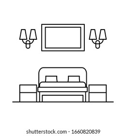 Interieur mit Bett, Schlafzimmer, Tisch, Bild, Lampe. Vektorillustration Interieur mit Bett, Schlafzimmer, Tisch, Bild, Lampe im Umriss-Stil einzeln auf weißem Hintergrund. Element für Web, Spiel und Werbung