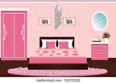 The interior of the bedroom. Beautiful bedroom in pink color. Furniture for the home. cartoon. Vector