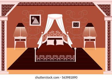 The interior of the bedroom. Bed, carpet, lamp, bedside table . Flat design. Vector illustration. 