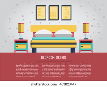 the interior of bedroom with bed, mattress, table lamp and pillows, painted in a flat style. Interior decorating