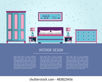 the interior of bedroom with bed, mattress, table lamp and pillows, painted in a flat style. Interior decorating.Interior design bedroom flat. Vector bedroom. the interior of the bedroom with wardrobe