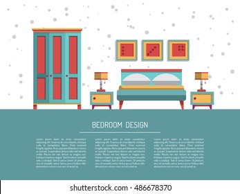 the interior of bedroom with bed, mattress, table lamp and pillows, painted in a flat style. Interior decorating