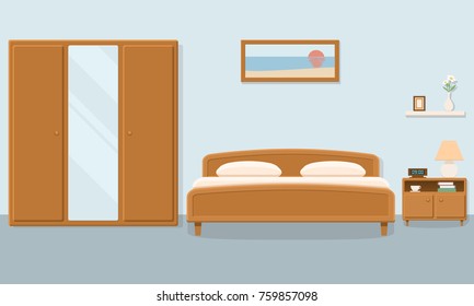 Interior of bedroom with bed, wardrobe and bedside table and wall painting. Vector illustration.