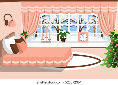 The interior of the bedroom. Bed, window, clock, tree, lamp , plant. Vector illustration . Cartoon.