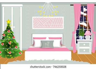 The interior of the bedroom. Christmas night. Vector. Cartoon.