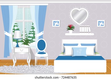 The interior of the bedroom. Cozy room in blue color , winter landscape outside the window. Vector.