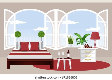 The interior of the bedroom. Cozy room with two large Windows, a table with drinks for two. Cartoon. Vector illustration. The design of the room