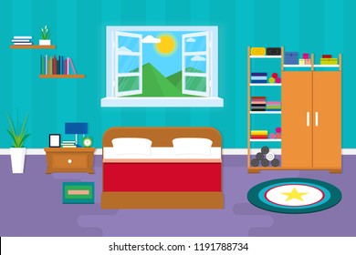 interior bedroom design with furniture for decorate. vector and illustration 