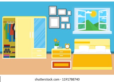 interior bedroom design with furniture for decorate. vector and illustration 