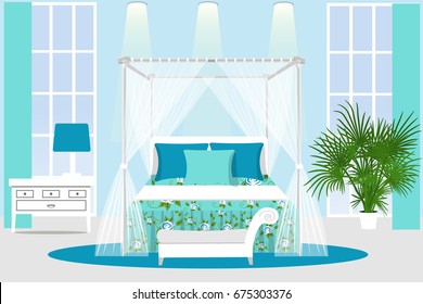 The interior of the bedroom. Elegant room in blue color with the furniture. cartoon. Vector illustration.