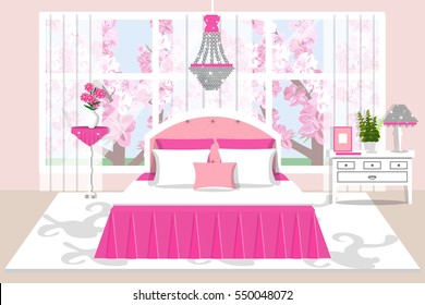 The interior of the bedroom. Elegant room for girls. Vector illustration . Spring landscape outside the window