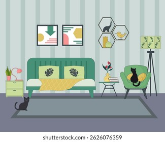Interior with bedroom furniture. Bed with blanket and pillows. Low coffee table. Armchair and nightstand with table lamp. Cozy interior with house flowers. Floor lamp, decorative items. Vector