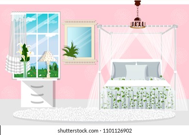 Interior bedroom with furniture. Cartoon. Vector. Bed, carpet, window and nightstand.