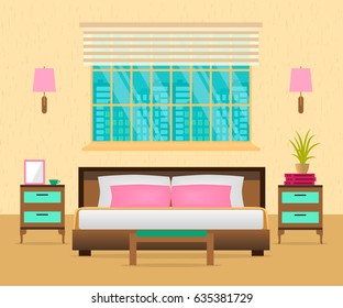 Interior bedroom with furniture, lamps and cityscape. Vector illustration in flat style.