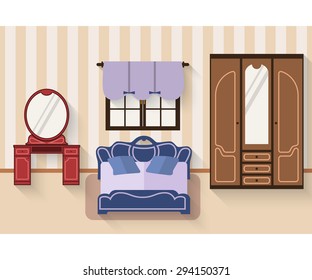 Interior of bedroom with furniture and long shadows. Flat style vector illustration. Bed, wardrobe, boudoir with table, window with roman blinds