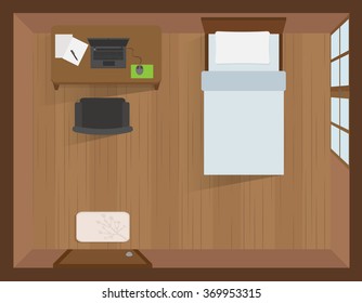 Interior Bedroom With Laptop On The Table Top View Vector