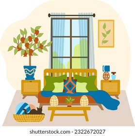 The interior of the bedroom with a large bed, a banquette, a pomegranate tree, and boho-style furniture. Vector illustration in a flat hand-drawn style. Eco-friendly interior