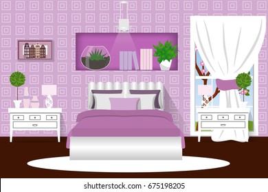 The interior of the bedroom. Lilac room. Cartoon. Vector illustration.